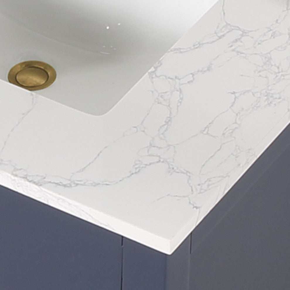 Gavino Vanity With Grain White Composite Stone Top, Royal Blue/Brushed Gold, 30", No Mirror