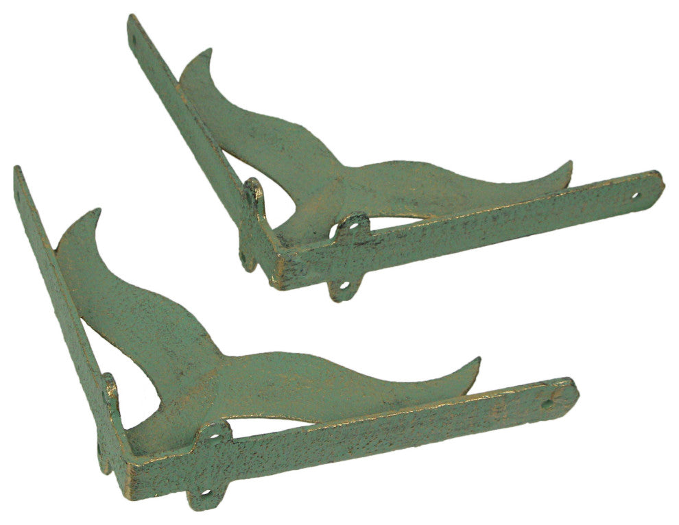 Set of 2 Cast Iron Verdigris Whale Tail Wall Bracket Shelf Decor