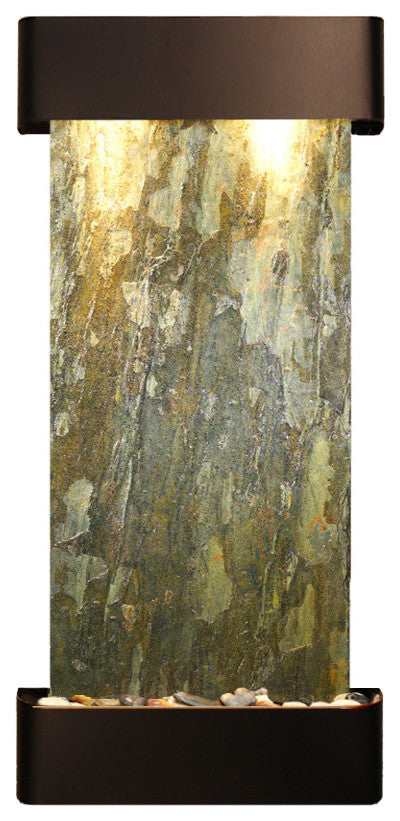 Cascade Springs Water Fountain, Natural Green Slate, Blackened Copper, Round