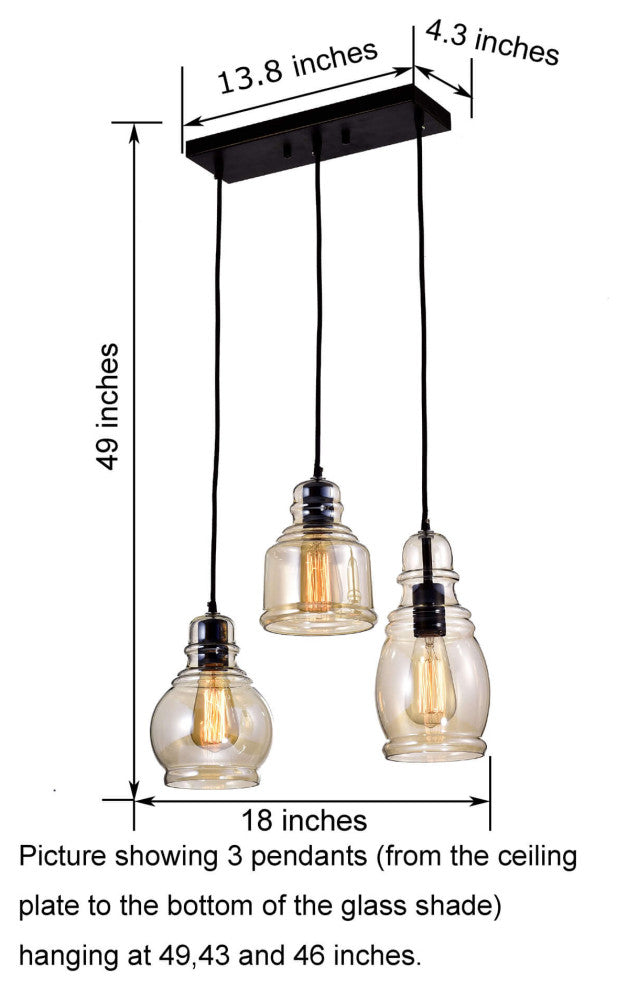 Lynn 3-Light Cognac Glass Cluster Pendant, Antique Black