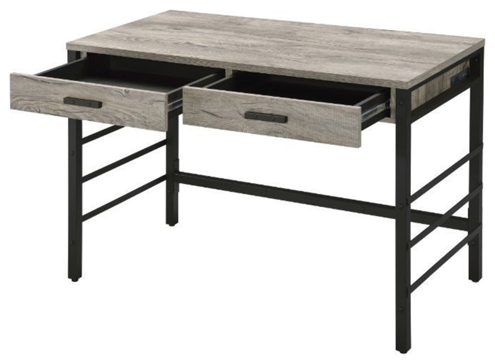 Built-in USB Port Writing Desk, Light Weathered Oak and Black