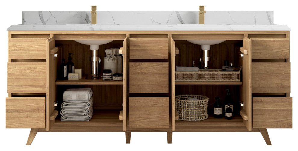 Madison Teak 84 Double Sink Bath Vanity in Light Natural 1.5" Calacatta Laza