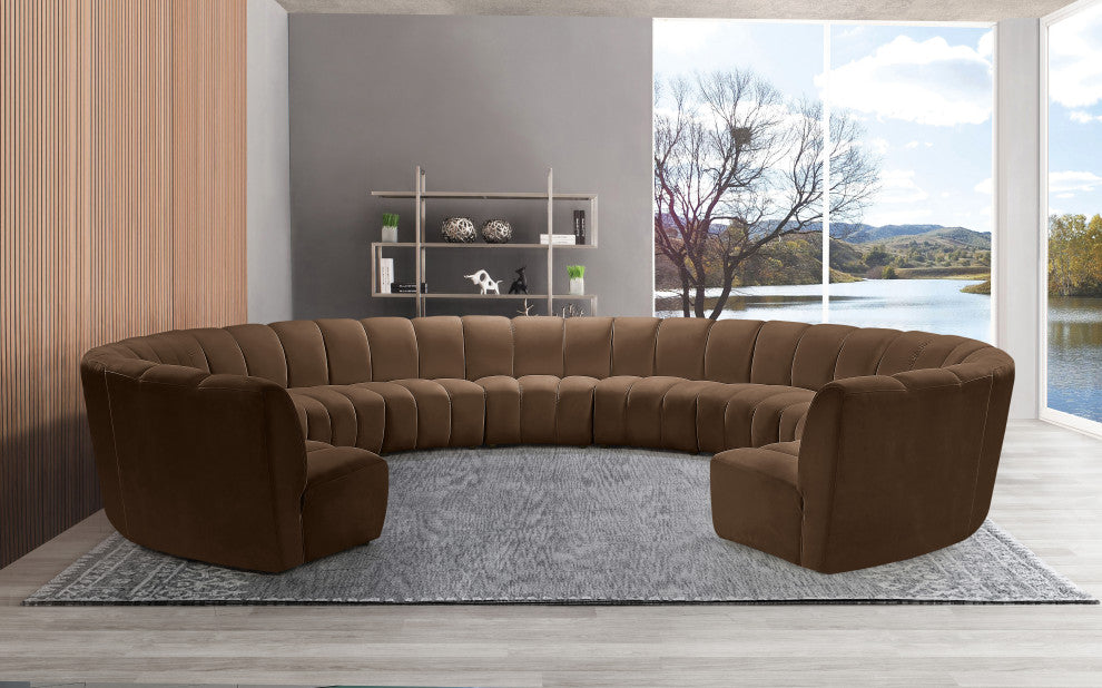 Infinity Channel Tufted Velvet Modular Chair, Brown, 11 Piece