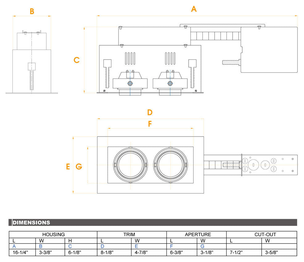 2-Light Linear Remodel, White Trim, Black Gimbal, Black