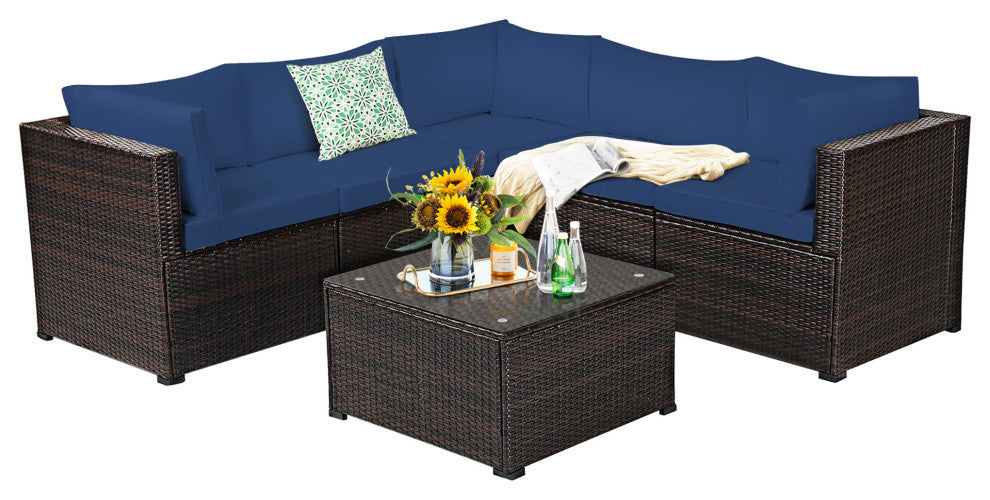 Costway 6PCS Patio Rattan Furniture Set Sectional Cushioned Sofa Deck Navy