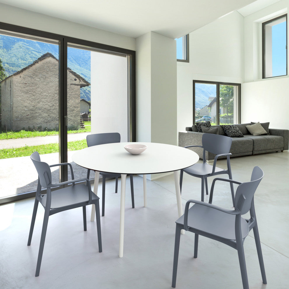 Lisa Round Dining Set With 47" White Table and Dark Gray Armcairs
