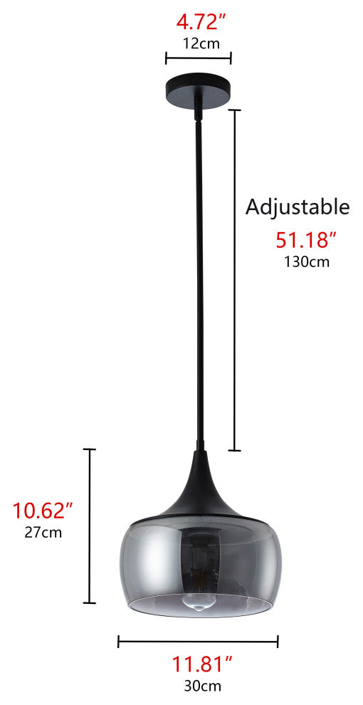 Matte Black 1-Light Pendant Light with Smoke Grey Glass Shade