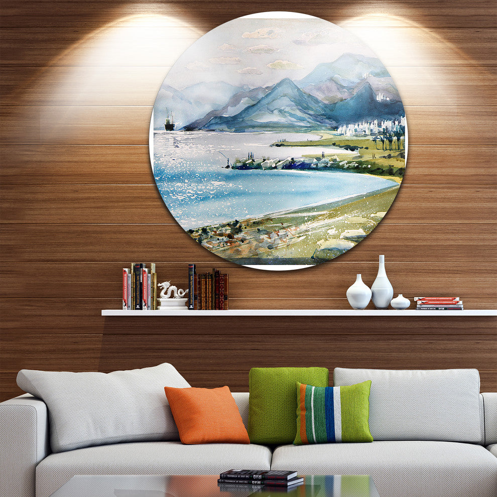 Blue Hills Over Sea, Landscape Round Wall Art, 11"