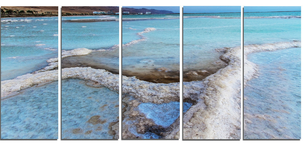 Beautiful Coast of the Dead Sea, Large Beach Canvas Wall Art, 60"x28", 5 Panels