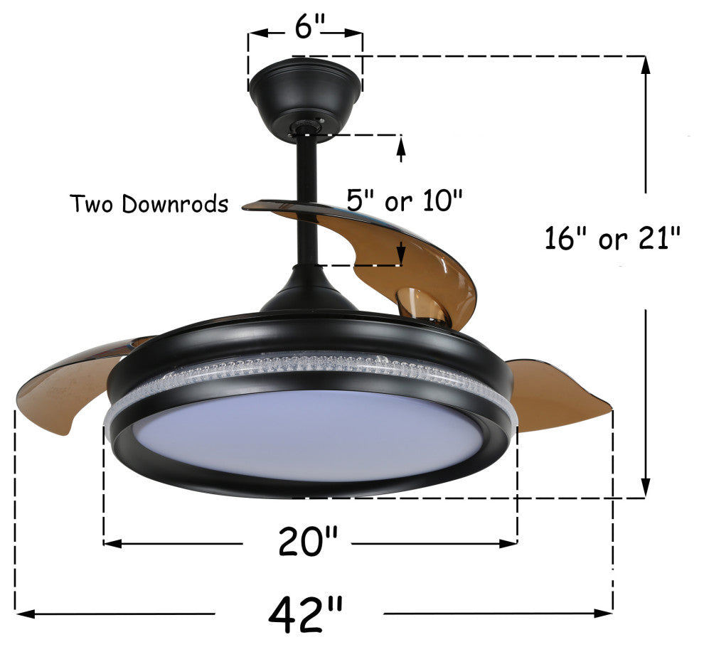 42" LED Retractable Ceiling Fan With Light Kit and Remote Control Included, Blac