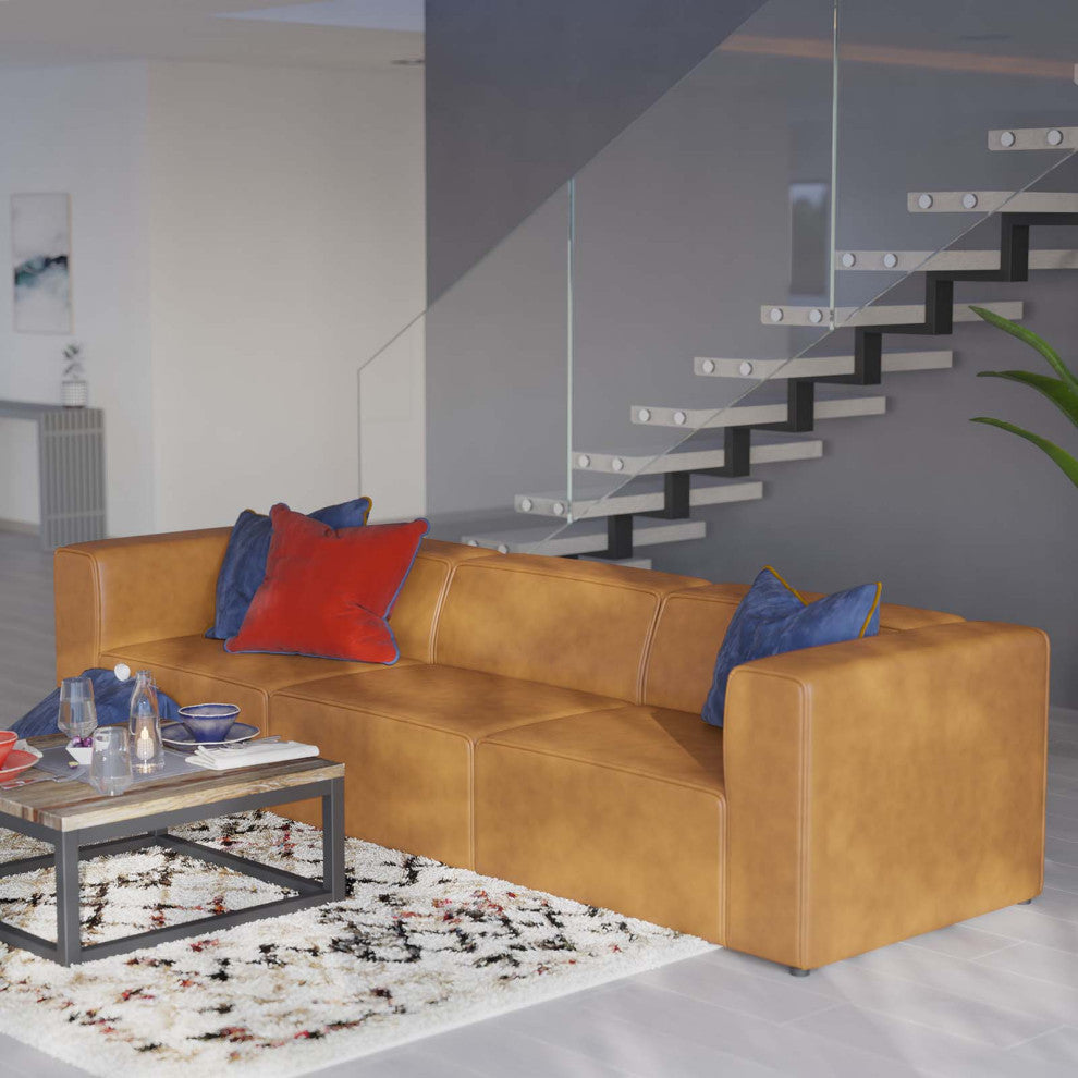 Sectional Sofa Set, Faux Vegan Leather, Tan, Modern, Living Lounge Hospitality