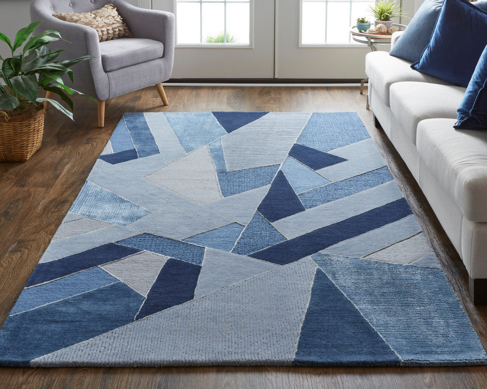 Weave & Wander Cutlor Graphic Wool Rug, Navy Blue/Opal Gray, 5ft x 8ft Rug