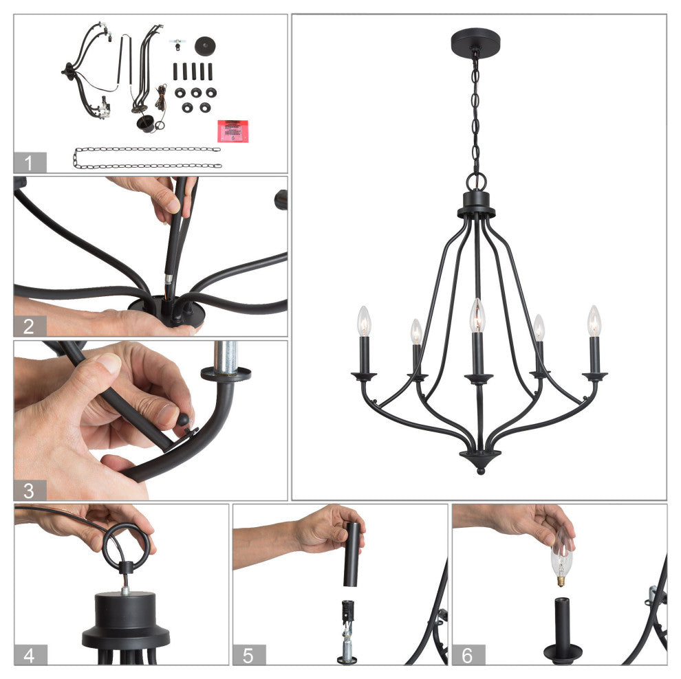 Modern 5-Light Matte Black Traditional Chandelier for Foyer