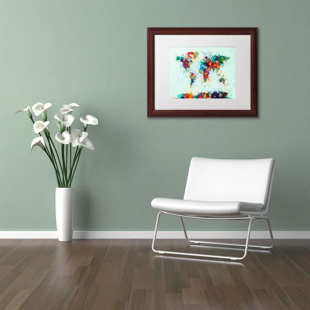 Michael Tompsett 'World Map Paint Splash' Matted Framed Art, White Mat, 20"x16"