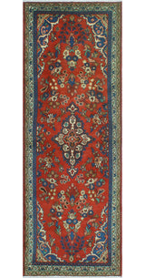 Fine Vintage Distressed Alger Red/Blue Runner, 3'5 x 10'0