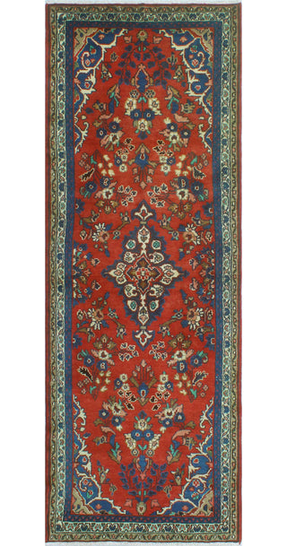 Fine Vintage Distressed Alger Red/Blue Runner, 3'5 x 10'0