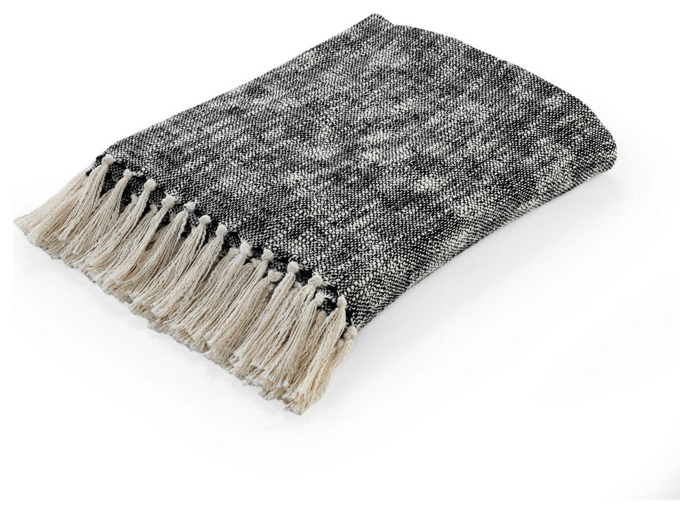 Boho Chambray Throw Blanket with Fringe, Jet Black
