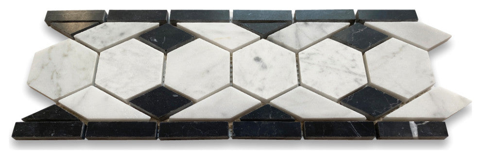 Carrara White Marble Hexagon Mosaic Border Listello Tile Honed 2", 1 sheet
