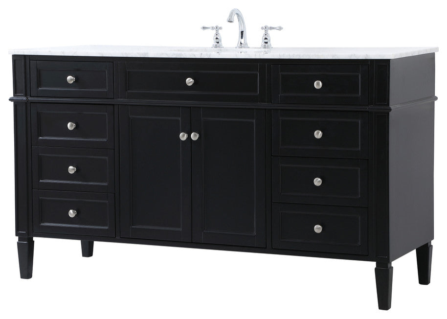 Home Living Vanity with Carrara White Marble Countertop, Black, 60", Single Sink