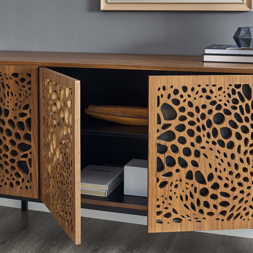 Media TV Stand Console Table, Rectangular, Wood, Metal, Brown Walnut, Modern