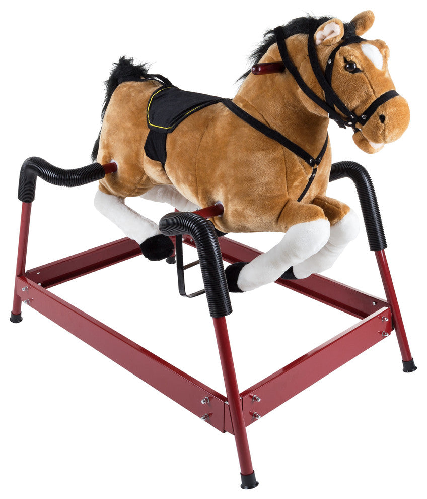 Spring Rocking Horse Plush Ride on Toy with Stirrups and Sounds, Brown