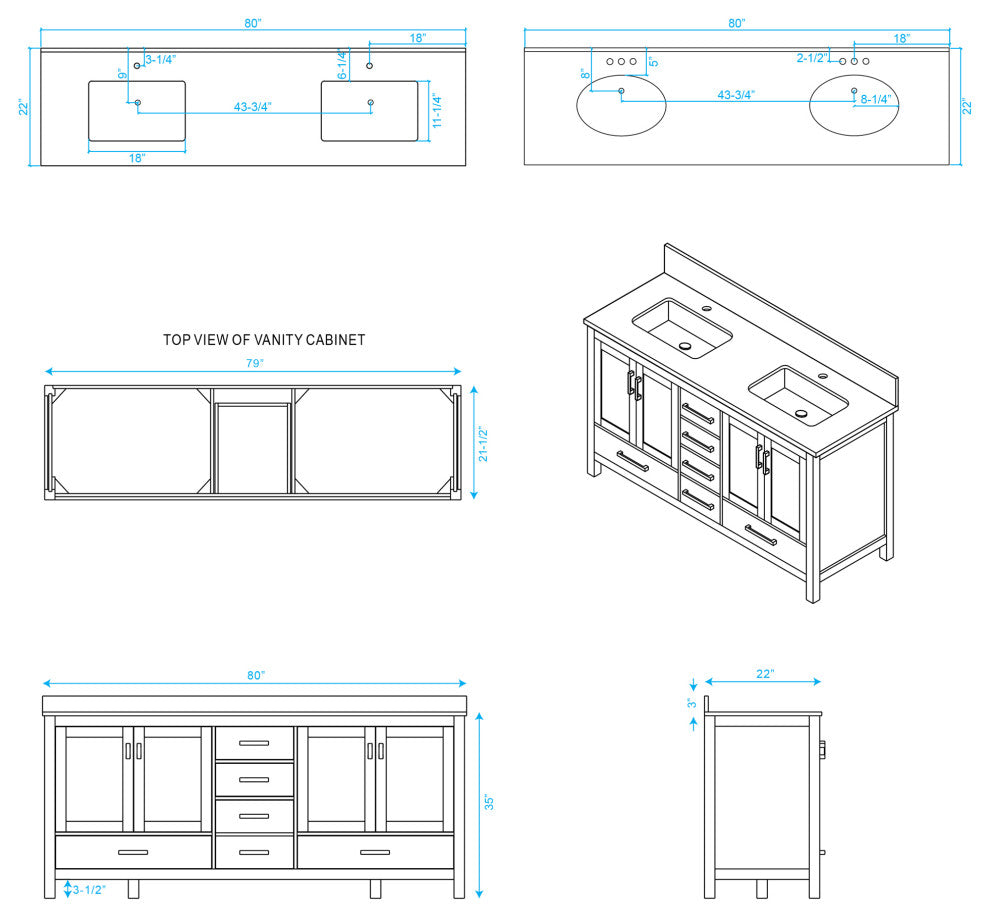 Wyndham WCS141480DGYCMUNSM70 80" Vanity in Gray + Carrera Marble and Square Sin