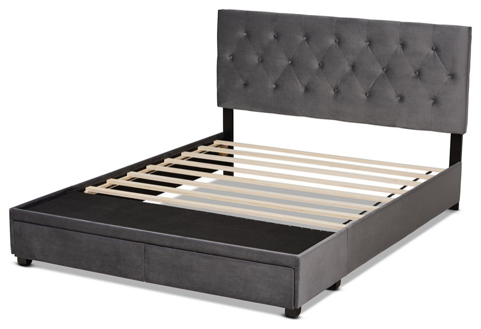 Modern Grey Velvet Fabric Upholstered 2-Drawer Queen Size Platform Storage Bed