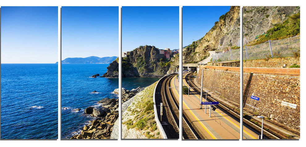 "Train And Railroad Station in Manarola" Landscape Wall Art, 5 Panels, 60"x28"