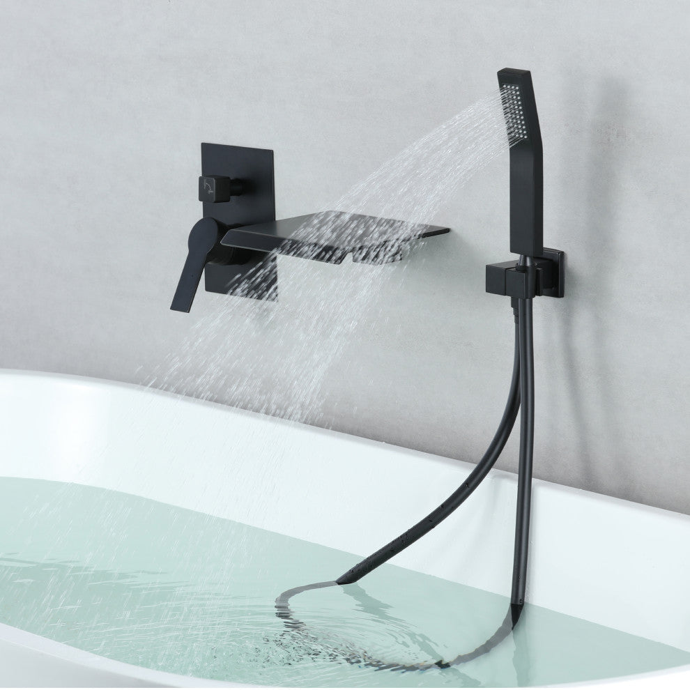 Wellfor Shower Faucet Set, Waterfall Tub Spout and Hand Shower, Black