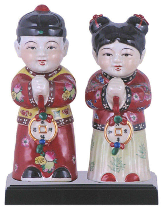 2-Piece Porcelain Man and Woman Greeting Chinese Figurines 9"