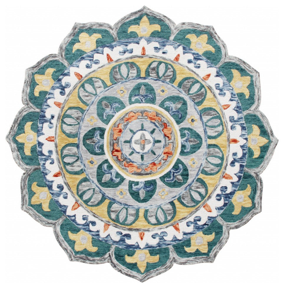 6' Teal Blue Round Wool Hand Hooked Handmade Area Rug