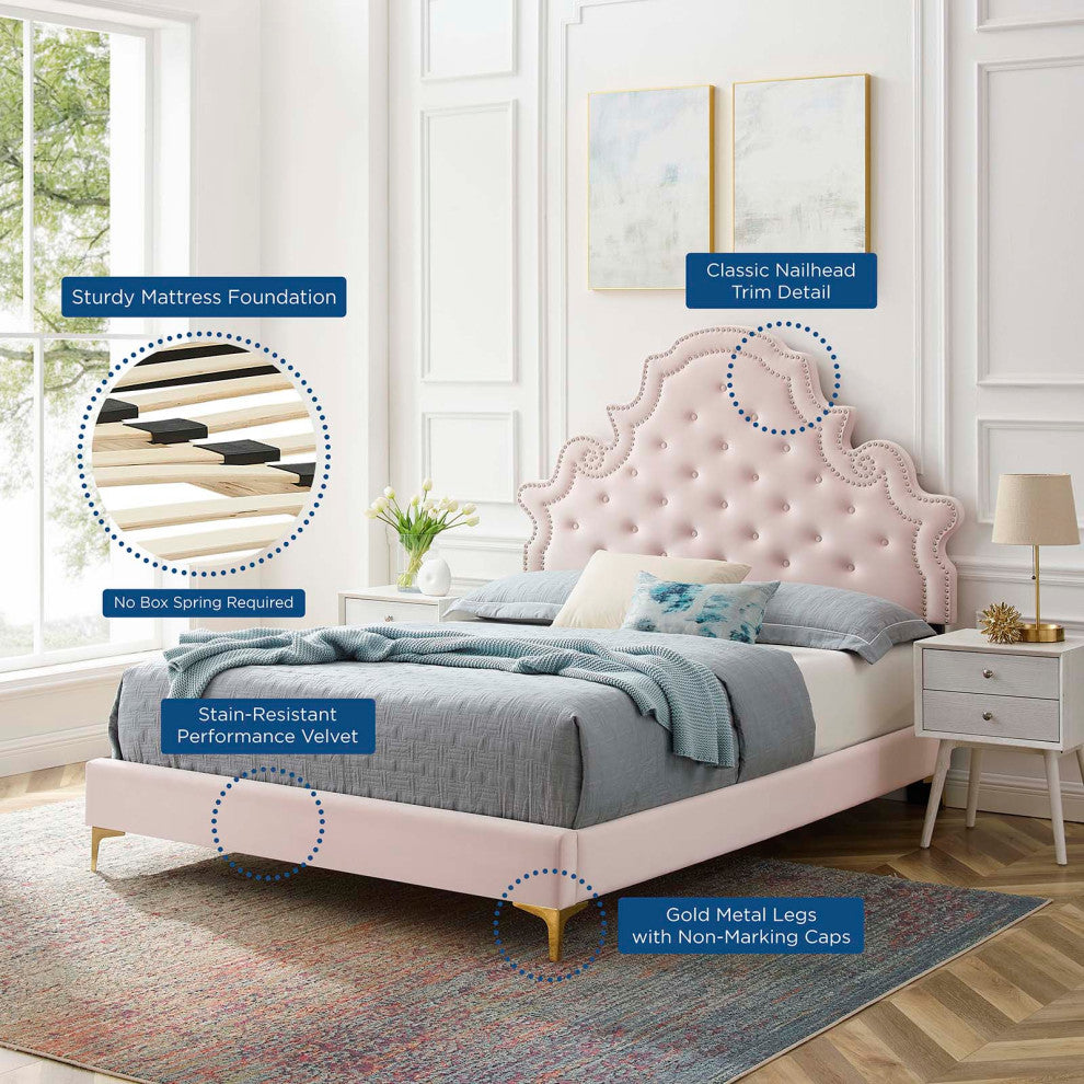 Tufted Platform Bed Frame, Full Size, Velvet, Pink, Modern Contemporary, Bedroom