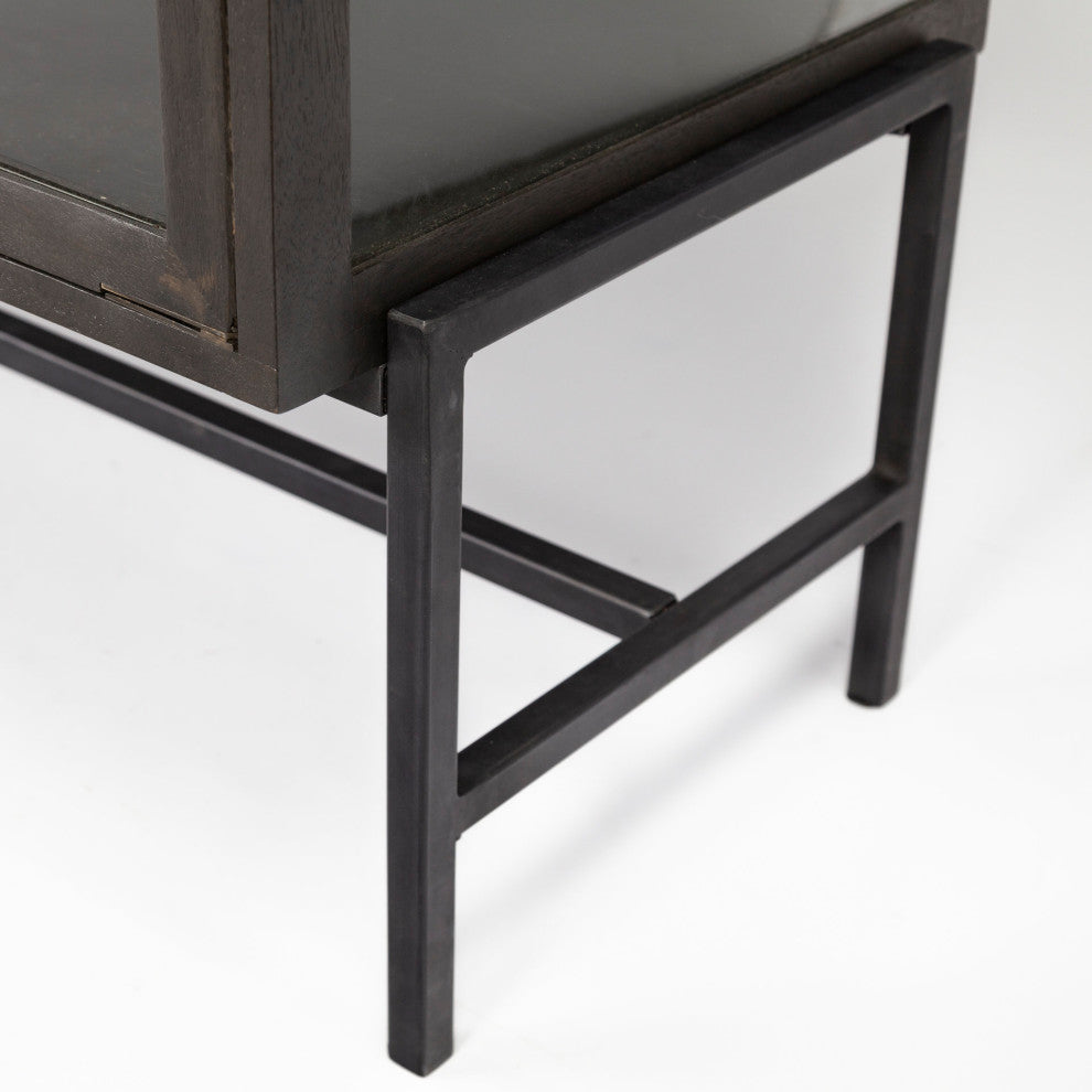 Arelius Dark Brown Solid Wood w/ Black Metal Base & Glass Doors Sideboard