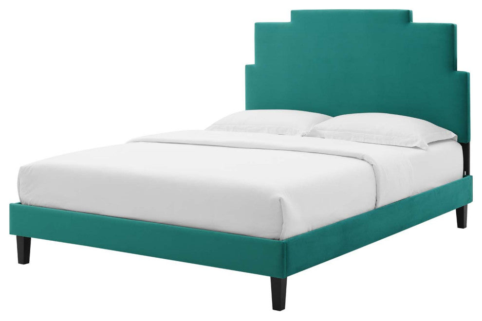 Platform Bed Frame, King Size, Velvet, Teal Blue, Modern Contemporary, Bedroom
