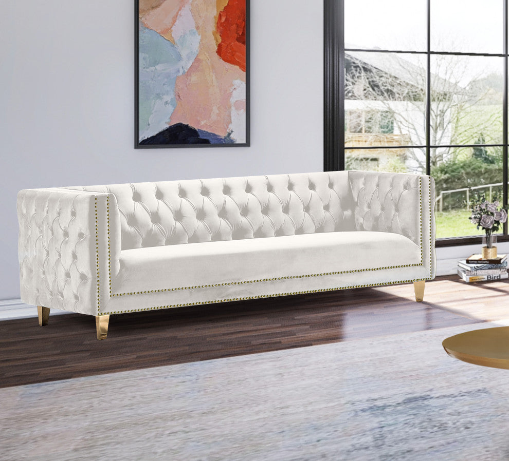 Michelle Fabric Upholstered Chair, Gold Iron Legs, Cream, Velvet, Sofa