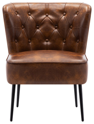 Vintage Button Tufted Faux Leather Slipper Chair, Yellowish-Brown