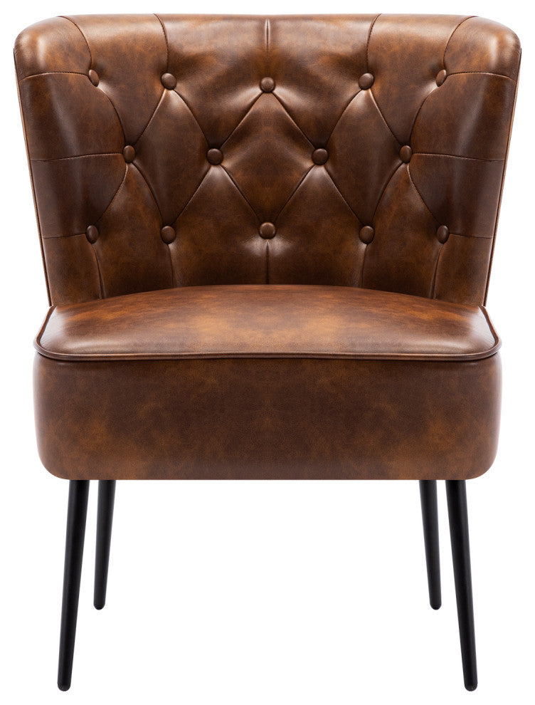 Vintage Button Tufted Faux Leather Slipper Chair, Yellowish-Brown