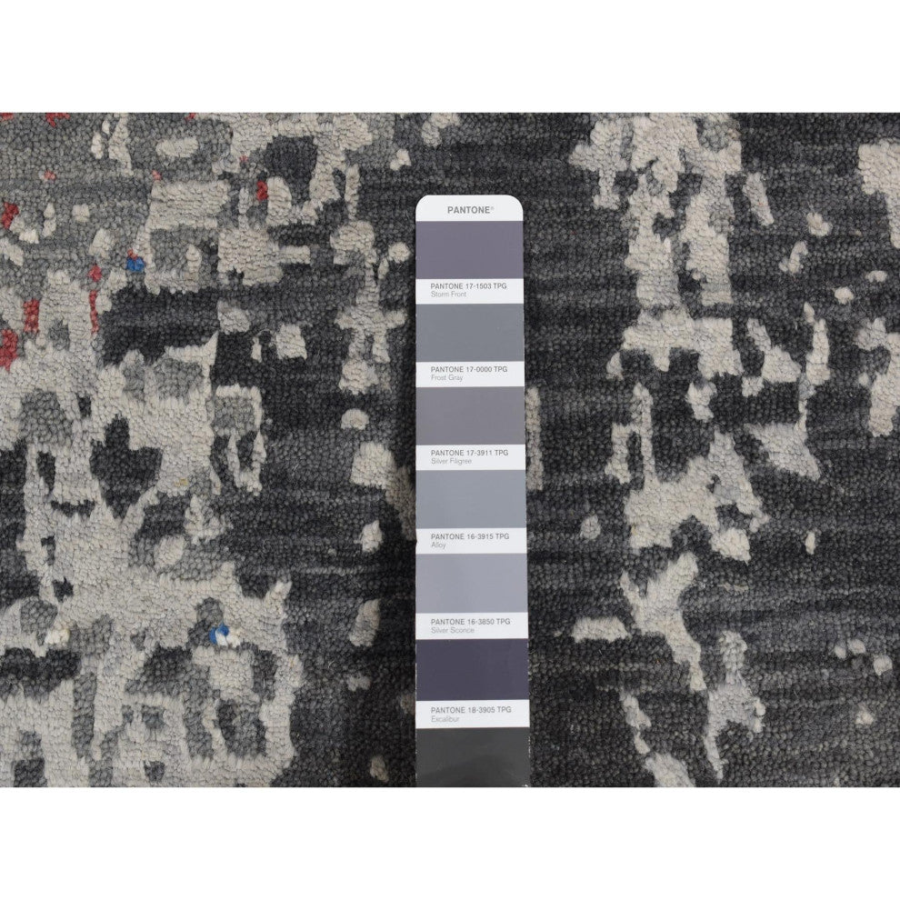 Arsenic Gray, Wool and Silk, Erased Heriz Design Hand Knotted Rug, 9'2"x12'
