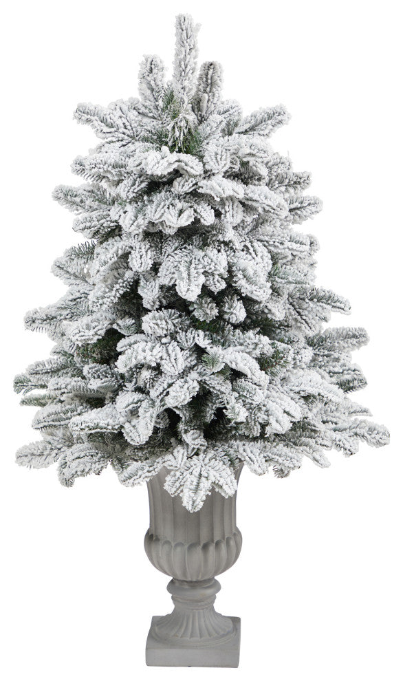 46" Flocked North Carolina Fir Faux Xmas Tree W/Lights & Bendable Branches, Urn