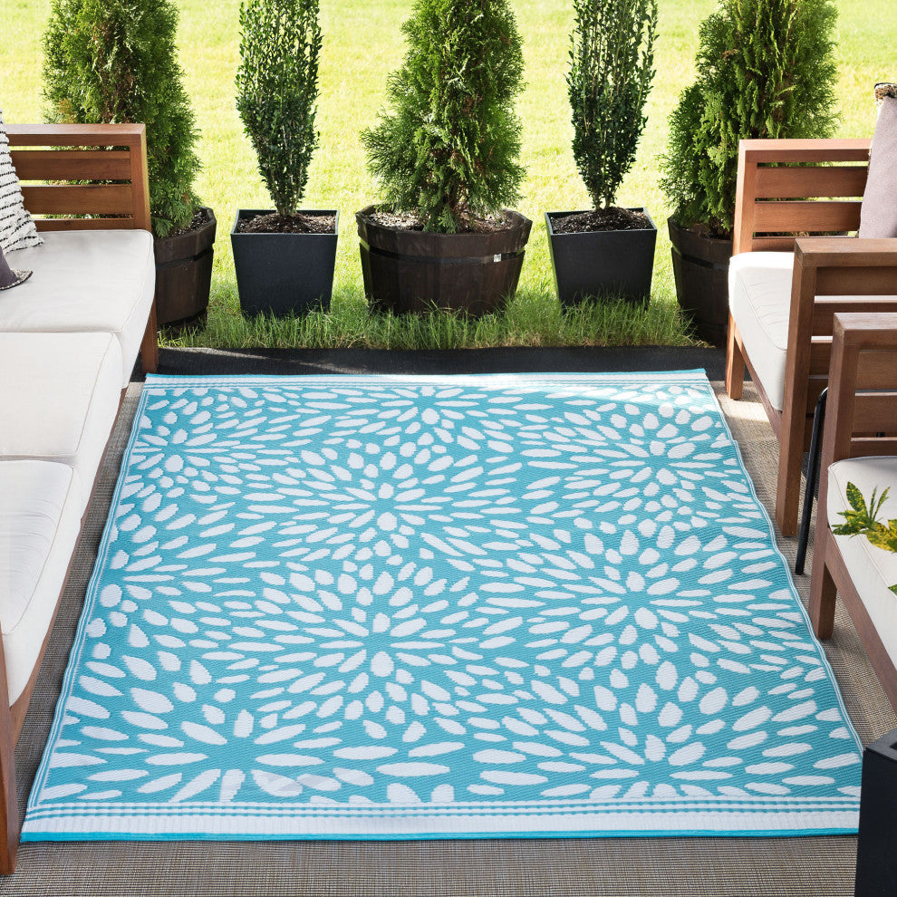Nuala Transitional Floral Aqua/White Rectangle Indoor/Outdoor Area Rug, 4''x6''