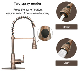 Copper Pre-Rinse Spring Kitchen Faucet with Pull Down Sprayer, Antique Copper