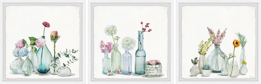 Floral Bottles Triptych, Set of 3, 12x12 Panels