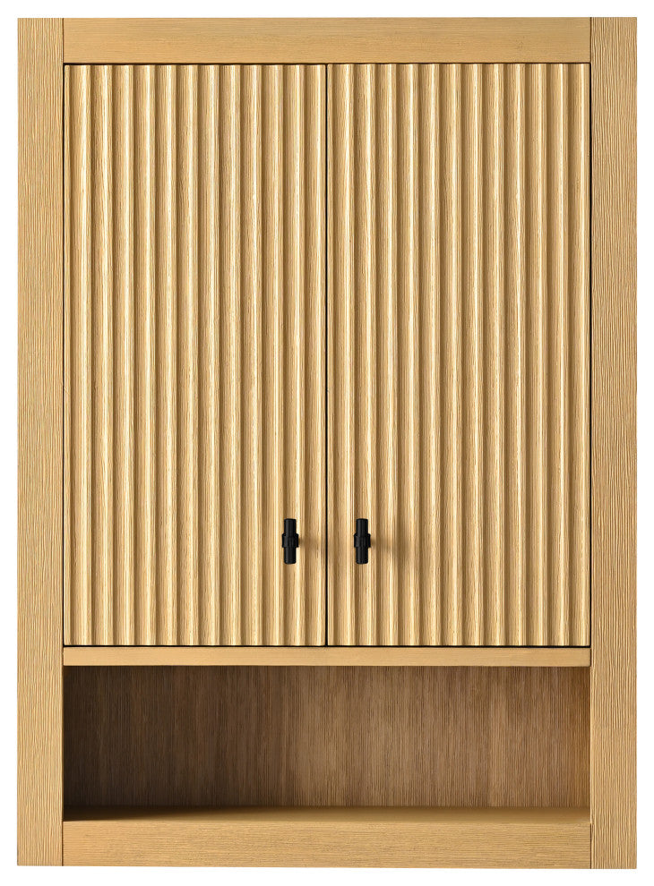 Vanity Art 24" Wall Mounted Bathroom Storage Cabinet, Linear Natural Oak, Matte Black Handle