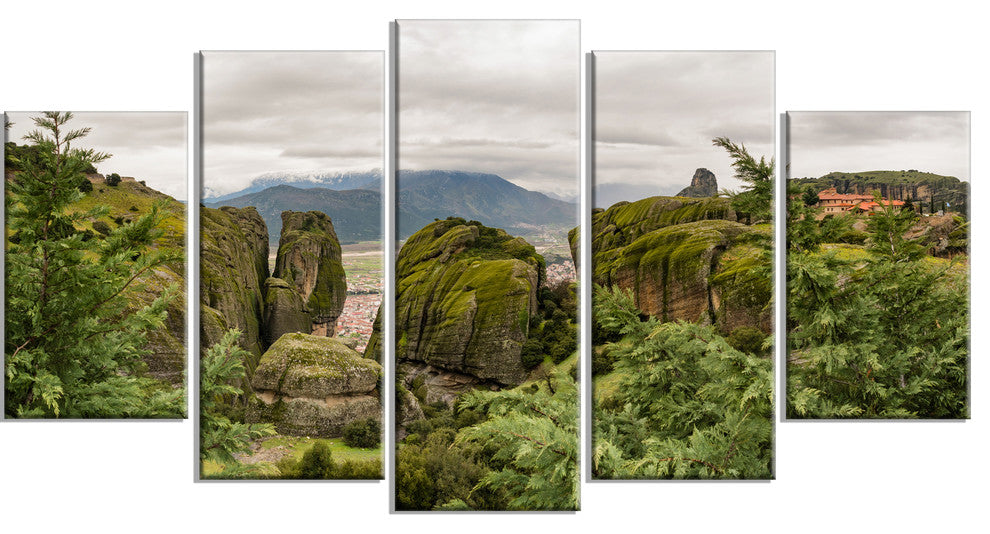 Meteora Mountain in Greece, Landscape Canvas Art Print, 60"x32", 5 Panels