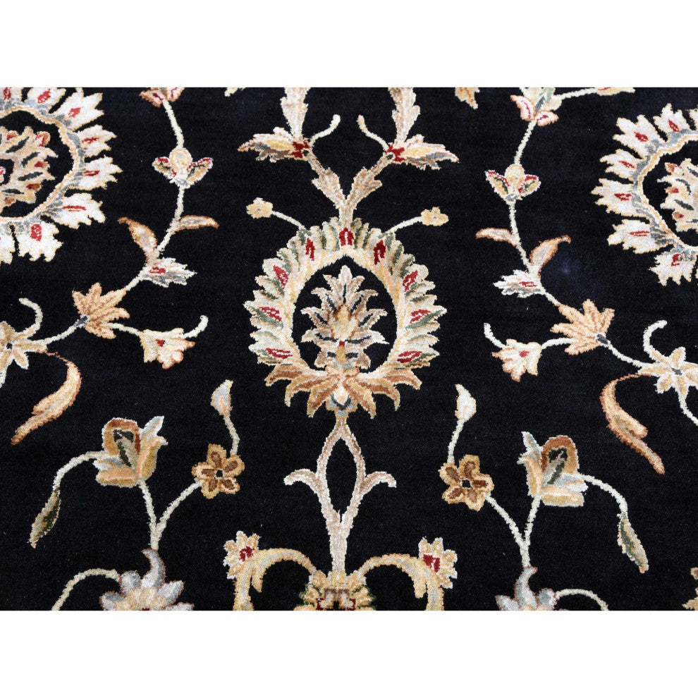 Black, Rajasthan, Wool and Silk, Hand Knotted, Round Rug, 10'0" x 10'2"
