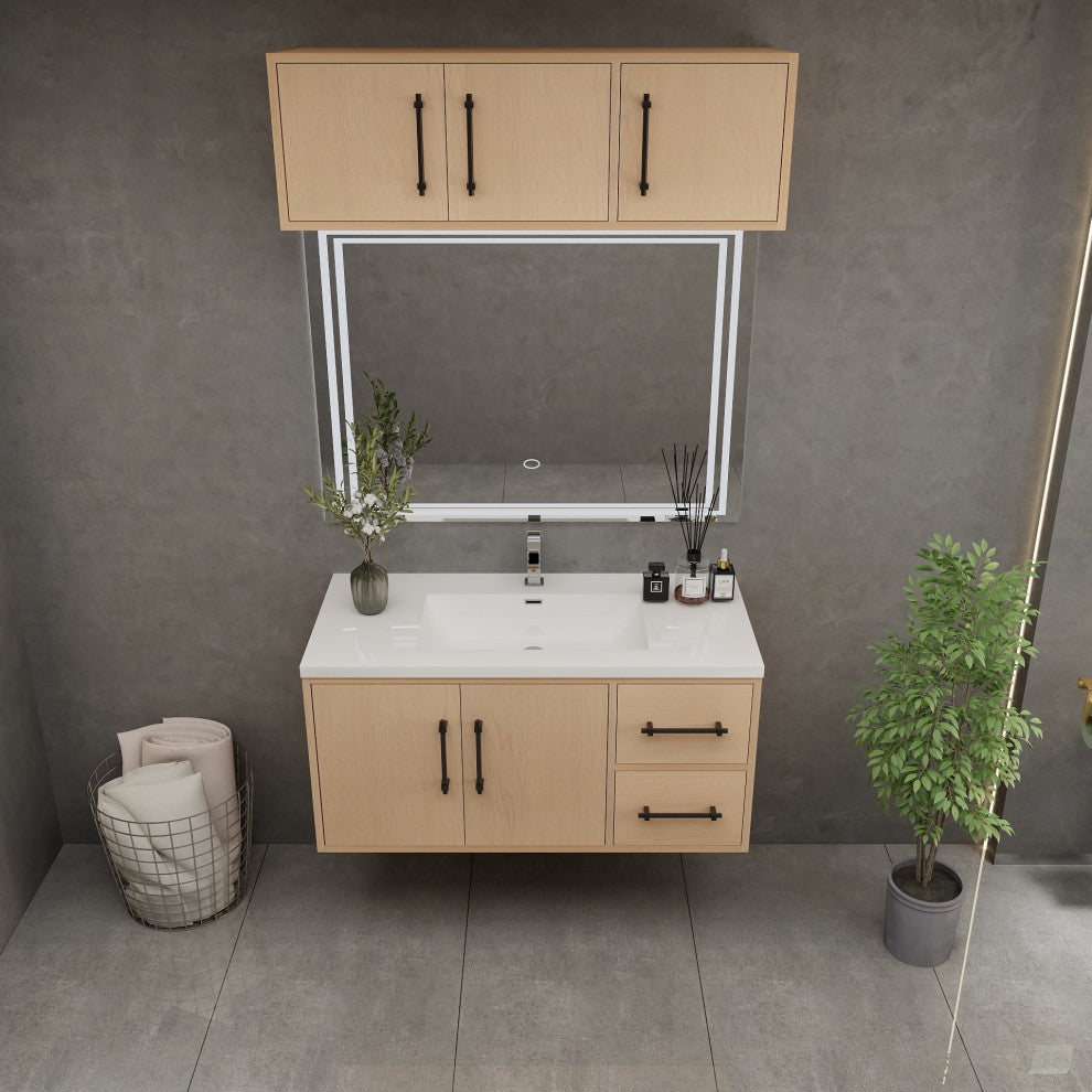 Victoria 42" Solid Wood Bath Vanity, Overhead Cabinet, Yellow Oak