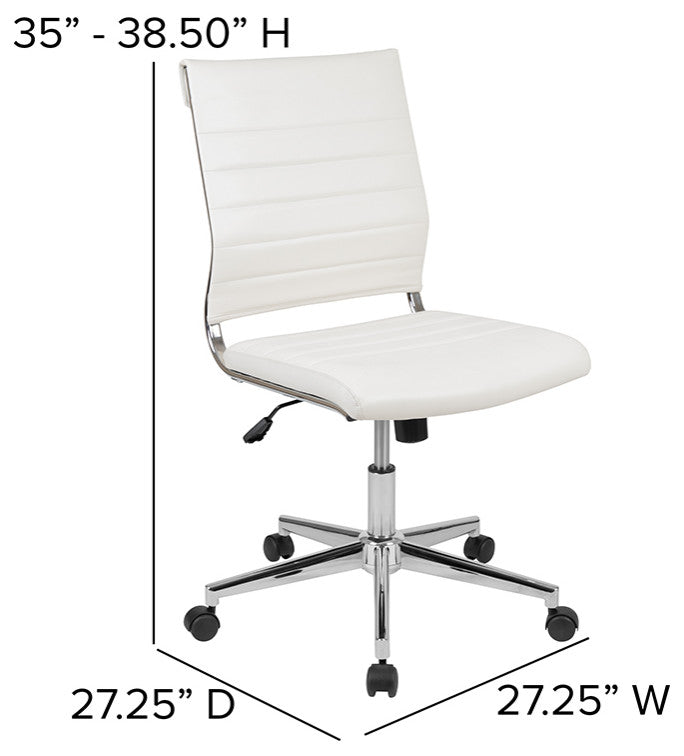Mid-Back Armless LeatherSoft Ribbed Swivel Office Chair, White