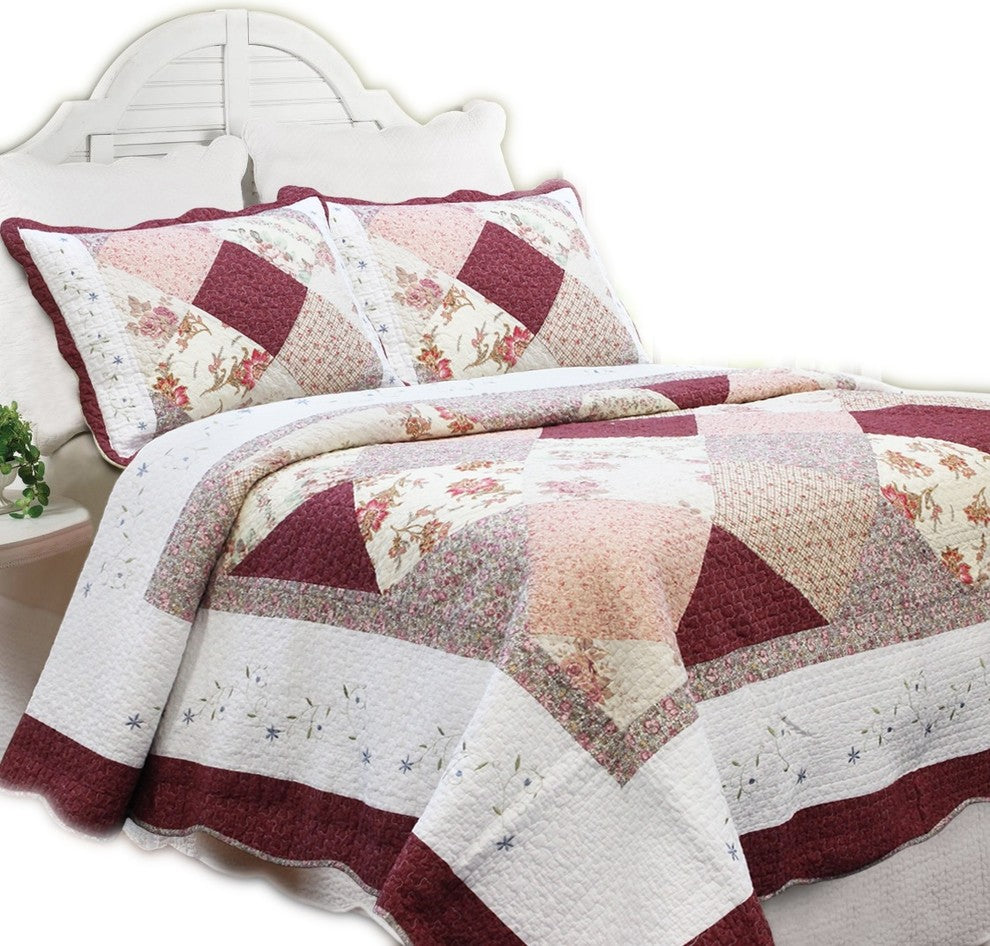 Grace Burgundy Real Patchwork Cotton Quilt Set, King Set