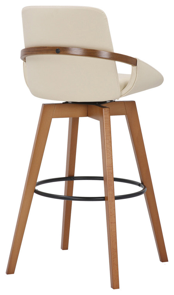 30" Luxurious Cream Faux Leather and Walnut Swivel Bar Stool