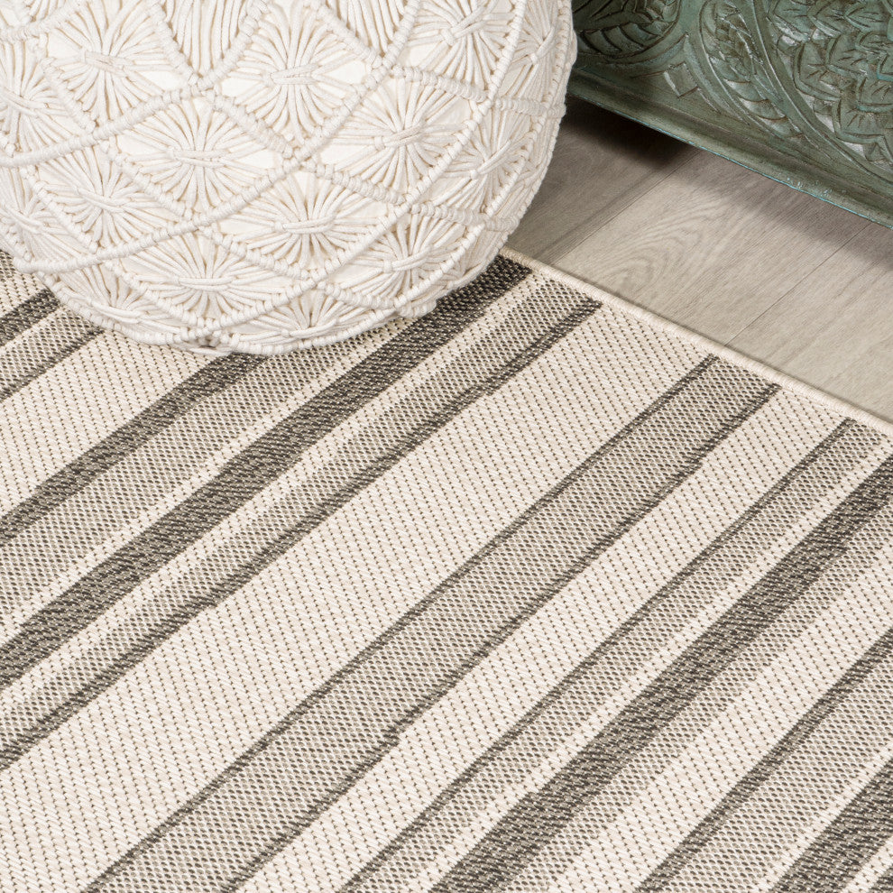 Castara Wavy Stripe Modern Indoor/Outdoor Area Rug, Cream/Dark Gray, 2x8